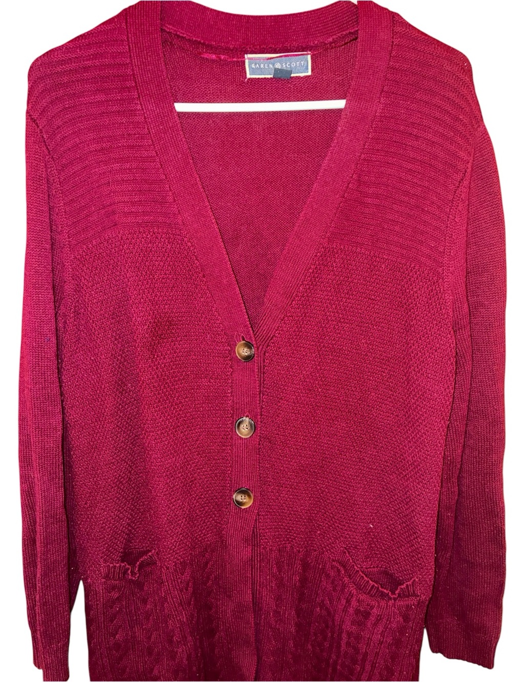 Karen Scott Burgundy Button-Front V-Neck Cardigan Sweater With Pockets XL - Picture 4 of 6
